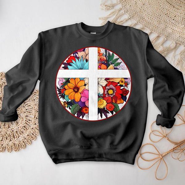 Simple White Cross Floral Crewneck