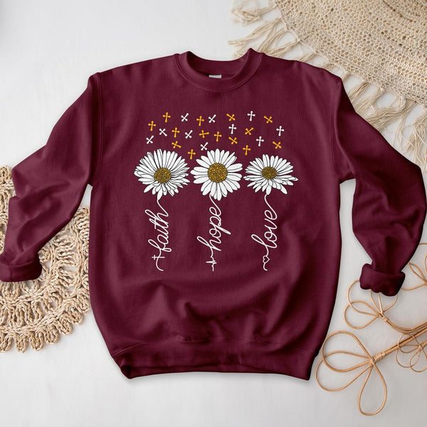 Faith Hope and Love with Daisies and Cross Crewneck