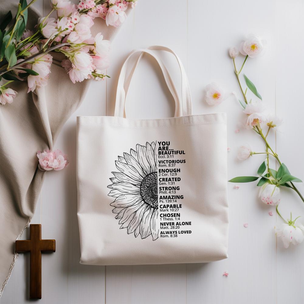 Wildflower Christian Tote Bag, Rooted In Him Bible Verse Bag, Christian Bag
